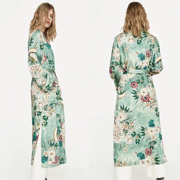 Floral Green Print Long Kimono Jacket Coat Women's - Picture 6 of 16